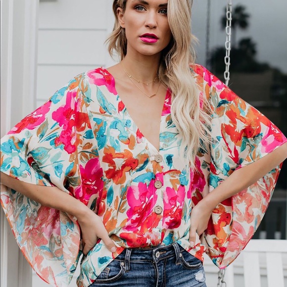 In Bloom Multicolored Floral Button Front Blouse - Picture 3 of 6
